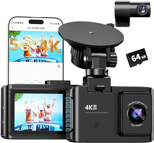 Dash Cam Front and Rear: 4K Dual Channel Dash Cam - 5GHz WiFi, Dash Camera for Cars with 64GB Card, 2 IPS, App Control, G-Sensor, Loop Recording, 170° Wide Angle, Night Vision, 24H Parking Mode
