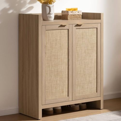 SICOTAS Shoe Cabinet, 24 Pair Shoe Storage Organizer Cabinet, 41 Tall Rattan Shoe Cabinet with Doors and Shelves, 6-Tier Farmhouse Boho Wooden Storage Cabinet for Entryway Hallway Closet, Light Oak