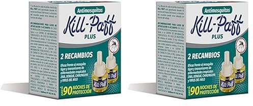 KILL-PAFF | Antimosquitos Eléctrico | Protección Eficaz Contra Mosquitos Tigre y Transmisores de Enfermedades Tropicales | Sin Olor | 90 Noches de Protección | 2 Recambios 33 + 33 ml (Paquete de 2)