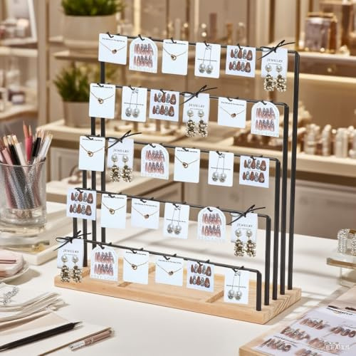 Yallmie Earring Display Stand For Selling, Jewellery Display Stand Wood 5 Tier Jewellery Stand Display, Earring Rack Display with 35 Hooks Jewelry Display For Vendors with Wooden Storage Tray