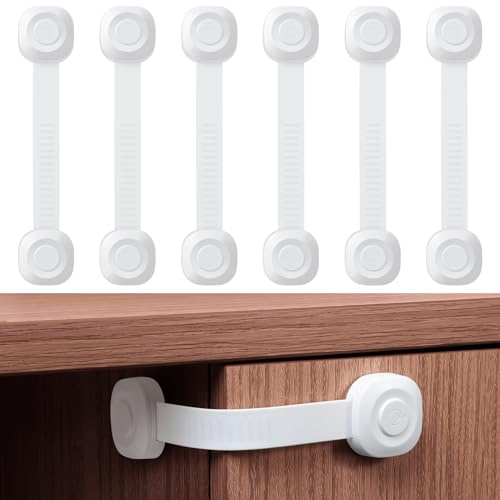 ECHOCUBE Child Safety Drawer Locks, 6 Packs Baby Proofing Cupboard Locks with Adhesive, Adjustable Baby Safety Strap Locks for Kitchen Cabinets, Fridge Door, Toilet, Trash (White)