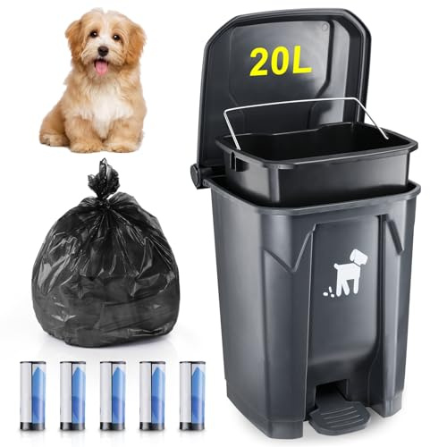 Pattumiera per cani da 20 l, con coperchio, cestino per escrementi per cani da giardino, con cestino interno rimovibile e 150 sacchetti per rifiuti, contenitore per rifiuti di animali domestici