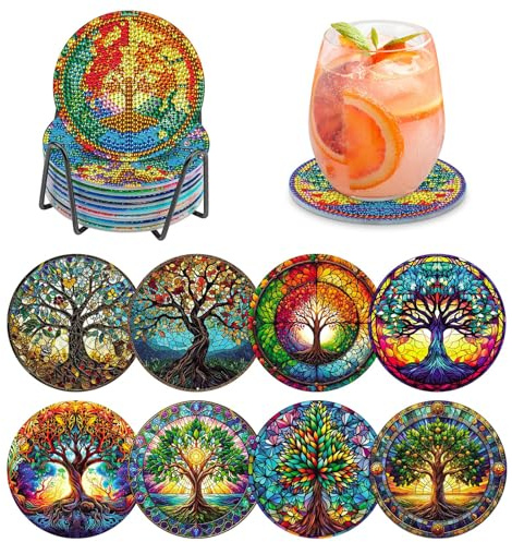 8 Piezas Posavasos Pintura Diamante con Soporte, DIY Mandala Diamante Pintura Posavasos, Flor de la Vida Diamond Painting Adecuado para Tazas, Estudio, Copas de Vino, armarios