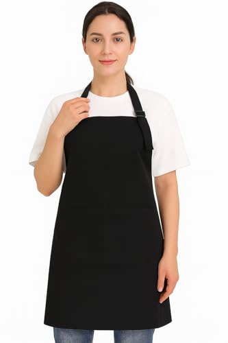 4sold Black Chef Aprons – 100% Heavy Duty Cotton 240g/m², Durable & Naturally Fire Resistant – Adjustable Kitchen Cooking Bib Aprons with 2 Pockets for Men, Women, Butchers, BBQ, Bakers (1 Pack)