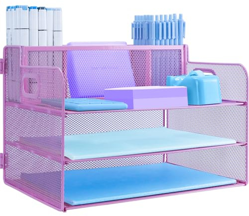 Organizador de Escritorio de 3 Niveles con asa y Soporte para lápices, Organizador de Archivos de Malla extraíble para Escritorio, Bandeja organizadora de Escritorio de Malla, Estante de,Rosa