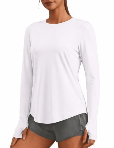 PINSPARK Camisa De Yoga Cuello Redondo Mujer Protección Solar UPF 50 Secado Rápido Camisa De Entrenamiento Ligera Senderismo Correr Ocio Camiseta Superior Blanco XL