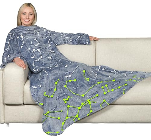 Kanguru Coperta con maniche Glow, soffice plaid in pile che si illumina al buio, Microfibra, con tasca centrale, 180x140cm, regalo donna, uomo, Hoodie per divano, letto, relax, Natale calda, soffice