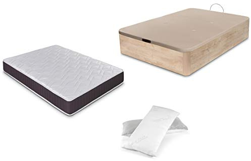 DORMIDAN - Pack de canapé abatible de Gran Capacidad + colchón viscoelástico + Almohada visco Copos de Regalo (105_x_190_cm, Roble)