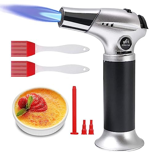 Flintronic Küchenbrenne Flambierbrenner, Nachfüllbar Gasbrenner mit 3 Düse, 2 Bürsten, Lötbrenner mit Sicherheitsschloss für Creme Brulee, Kochen, BBQ, Camping (Butan Inbegriffen Nicht) Silber