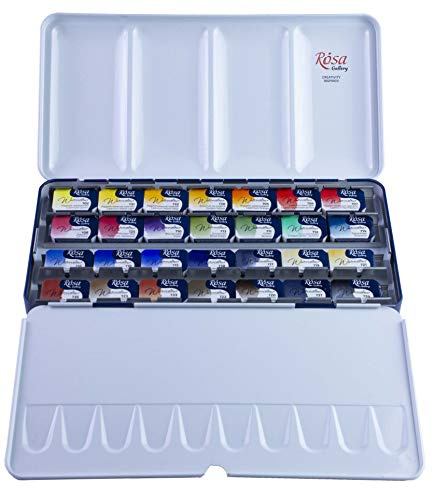 ROSA Gallery Professional akvarellfärgs set, tillverkad i Ukraina, 28 vattenfärger på 2,5 ml, bärbart reseakvarellkit, högljusfasthet färger för konstnärer, vuxna i metallfodral