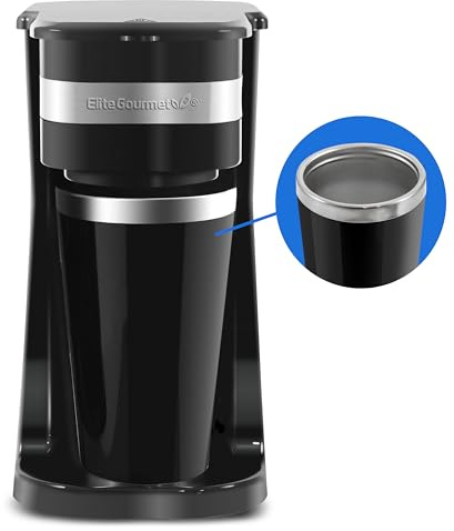 Elite Gourmet EHC111A Personal Single-Serve Compact Coffee Maker Brewer Includes 14Oz. Stainless Steel Interior Thermal Travel Mug, Compatible with Coffee Grounds, Reusable Filter, Black