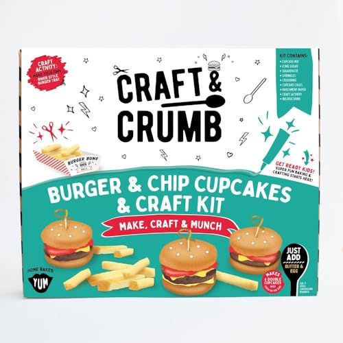 Craft & Crumb Burger Cupcake Kit - Bake at Home Cupcake and Activity Kit - Gift Sets for Kids Aged 3+ - With Pre-Measured Cake Mix, Icing, Cupcake Cases, Decorations & More