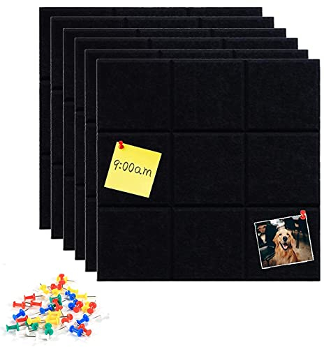 Große Filz Pinnwand,6 Stück Selbstklebend Platz Korkplatte mit 35 Pinnnadeln,Memotafeln Memo Boards Bulletin Board Wanddekoration,für Foto Hängen Bulletin Tafeln Heimdekoration und Büro (Schwarz)
