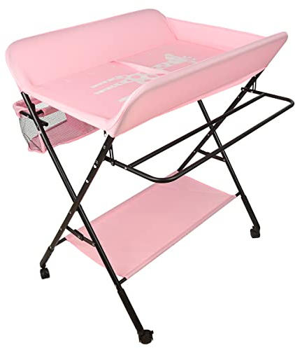 Cambiador plegable para bebé recién nacidos, mesa de cambio de pañales, cambiador con bañera para bebé 2 en 1, cambiador portátil (80 * 66 * 98cm (rosa oscuro))