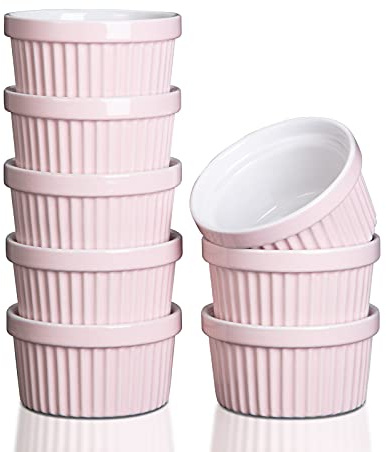 8 OZ Ramekins Bowls, Set of 8 Vertical Stripe Colored Glaze Baking Cups, Small Ceramic Souffle Dishes for Creme Brulee, Ice Cream, Dipping and Sauces Cup, 705Pink(White Inside and Pink Outside)