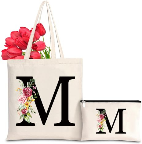 Sac Fourre-tout en Toile avec Initiale Fleur, Sac Tote bag en Toile Trousse de Maquillage Personnalisés Idéal pour Mariage, Anniversaire, Plage, Vacances, Cadeau Parfait pour Femmes, Mères, Amis(M)