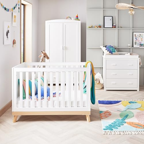 Babymore Mona 3 Piece Nursery Room Set White - 1 Baby Cot Bed & One 2 Door Wardrobe Having Full Size Drawer & 1 Chest Changer, Chest Of Drawer Storage Cabinet With Removable Changer Top | 3 Piece Set