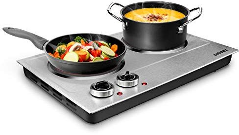Electric Hob, CUSIMAX Double Hot Plate for Cooking, 2400W Electric Ceramic Hot Plate, Infrared Cooktop with Dual Temperature Control, Embedded Countertop Cooktop, Heat-Up in Seconds, Stainless Steel