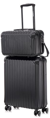 R.Leone Valigia Ryanair 55x40x20 cm+ 40x20x25 cm Set 2 Pezzi Trolley Bagaglio a mano 4 Ruote e Beauty Case in ABS 2208 (Nero, Set 2 Pezzi S+XS)