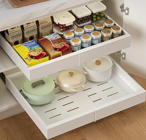 LEKUNI Cajones Extraibles Para Cocina 2 Pies, Cajon Telescopico Adhesivo No Es Necesario Taladrar, Anchura Ajustable Cajones Deslizantes Para Cocina, Organizador Armario Cocina(Blanco 32-52cm)