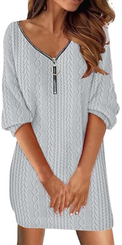 KBOPLEMQ Vestido de punto para mujer, elástico, cuello de pico, vestido informal con botones, para otoño e invierno, sexy, cálido, monocolor, corte ajustado, vestido de manga larga, mini vestido