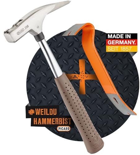 PICARD Marteau de couvreur n° 298 + Mini BlackGiant® + autocollant | Poids de la tête 600 g | Bande lisse | Support magnétique à clous | Protection contre la corrosion | Manche tubulaire en acier au