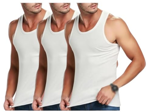 Pack of 3 Mens 100% Cotton Interlock Sleeveless Fitted Undershirt Vests (Medium) White