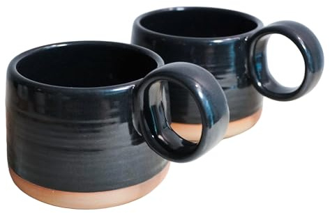 Bossa Stoneware Ceramic Cappuccino Cup 8oz Black Set of 2 | Handcrafted Specialty Coffee Mug with Glazed Glossy Finish, Raw Unglazed Base & Large Handle | Microwave & Dishwasher Safe