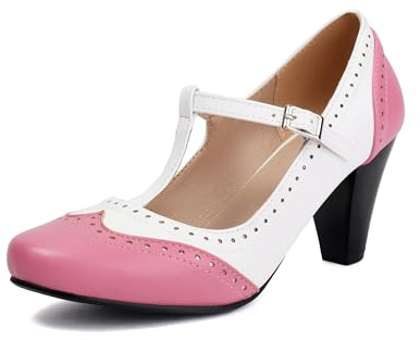 elerhythm Mary Jane Two Tone Classic et Retro Oxford Wingtip 1920s Escarpins vintage années 1950 avec bride de cheville, Rose, 37 EU
