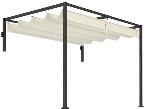 Outsunny Pérgola con Techo Retráctil Pérgola de Pared 3x2 m Cenador con Tela de Poliéster Resistente al Agua Pabellón para Jardín Patio Terraza Exterior Crema