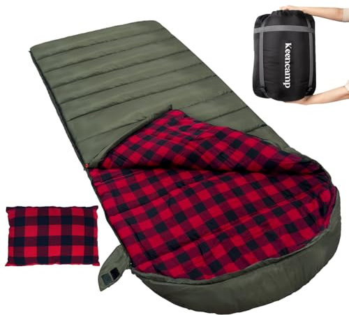 Keencamp Schlafsack Outdoor Flanell Warmer 3-4 Jahreszeiten Baumwolle Innenfutter XXL Deckenschlafsack Tragbar Leicht Winter Schlafsäcke Camping für Erwachsenen 230x90CM Grün