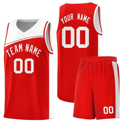 Basketball Trikot Shirt und Shorts, Benutzerdefiniert Herren/Jungen Basketball Trikot Set, Personalisiertes Basketball-Spieltrikots Kinder/Erwachsene Rot