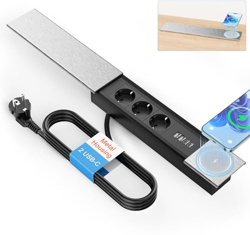 Ciabatta elettrica da incasso, senza fili, a scomparsa con induzione, 15 W, 2 porte USB C, cavo da 1,8 m, colore argento e nero