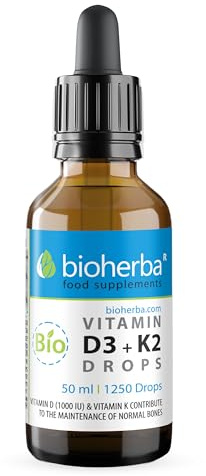 Vitamine D3 + K2 en gouttes – Formule haute teneur avec MK-7 et huile MCT | 50 ml (1250 gouttes) | Vegan & sans additifs – par Bioherba (1)