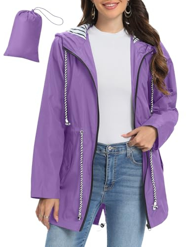 UMIPUBO Womens Waterproof Jacket Lightweight Long Rain Coats Jacket Packable Raincoat Hooded Breathable Functional Windproof Windbreaker with Pocket for Outdoor Hiking Running Camping (Purple, L)
