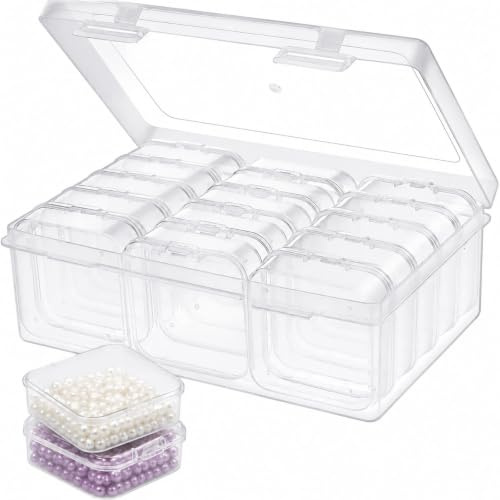 YYGMSS 15 Small Clear Plastic Storage Boxes 5.5×5.5×2cm with Large Organiser Case and Labels, Stackable Bead Jewellery Craft Small Parts Container Set