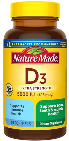 Nature Made Vitamin D3 5000 IU (125 mcg) Softgels, Extra Strength Vitamin D Supplement for Bone and Immune Health Support, 90 Softgels, 90 Day Supply