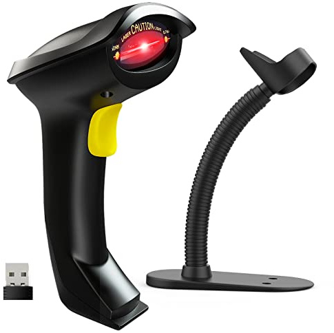 NADAMOO Wireless Barcode Scanner with Stand 2-in-1 2.4G Wireless & Wired USB Bar Code Scanner Handheld Laser Bar Code Reader Automatic Hand Scanner for Computer POS Warehouse Inventory Library