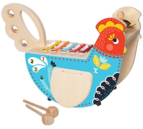 Manhattan Toy 216570 Wooden Instrument for Toddlers with, Cymbal Musical Chicken Holzinstrument für Kleinkinder mit Xylophon, Drumsticks, Becken und Maraca, Mehrfarbig