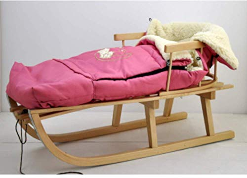 Holzschlitten Kinderschlitten aus Buchenholz Rückenlehne Zugseil + Winterfußsack Schlittensack Fußsack Rosa Schlitten Kinderwagen