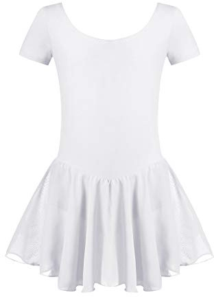 Untlet Ballettkleid Mädchen Kinder Kurarm Ballettanzug Ballett Trikot Kurzarm Body mit Chiffon Wickelrock Kinder Ballettkleidung Tanzkleid Tanzbody,Weiß,150