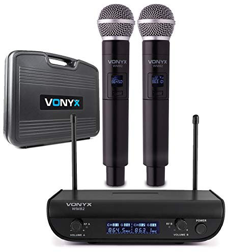 VONYX WM82 UHF Wireless Microphone System with Dual Handheld Microphones, Receiver, 2-Channel Operation, 50m Range, XLR Outputs & Carry Case for PA, Events & Performances