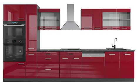 Vicco Küchenzeile R-Line, Rot Hochglanz/Anthrazit, 350 cm mit Hochschrank, ohne Arbeitsplatte, zur flexiblen Erweiterung durch zusätzliche Module geeignet