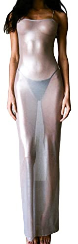 Vestido largo con tirantes delgados transparentes para mujer, sin mangas, ajustado, de malla transparente, para cubrir el bikini, traje de baño de playa, plata, S