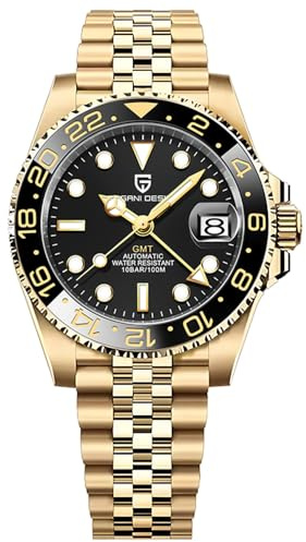 Pagani Design GMT Herren 40 mm Automatikuhr Saphirglas Edelstahl 100 Wasserbeständigkeit Analoguhr Mechanische Herrenuhren Geschenkuhr für Herren (Fünf Perlen Alle Gold Schwarz)