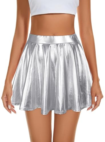 Durio Damen Rock Kurze Metallischer Faltenrock Mini Skater Rock Glitzer Rave Party Hohe Taille Elastischer Plisseerock Silber S