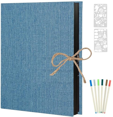 AIOR Album Fotos Autoadhesivo 60 Páginas Negras, Album de Fotos para Pegar y Escribir Funda de Lino Scrapbook, Regalo Bebé Cumpleanos Recuerdos Boda Aniversario Familiares (Azul)