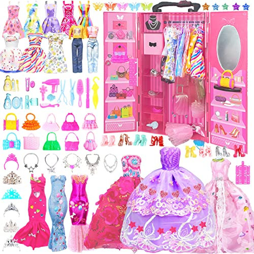 165 Stück Kleidung und Zubehör Kompatibel mit Barbie Puppen kleiderschrank Kleidung Schmuck Zubehör mit Hochzeitskleid Kleider Outfits Tops und Hosen Schuhe Taschen Doll Clothes and Accessories