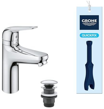 GROHE Swift - Badarmatur mit Temperaturbegrenzer für Kinder (wassersparend, ~18cm hoch, inkl. Montagewerkzeug, Push-Open Ablauf), chrom, 24327001