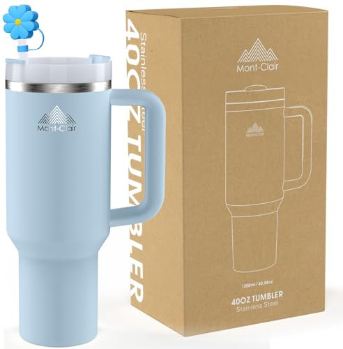 Tumbler 40oz - Taza Termica Cafe para llevar con Pajita y Tapa - Vaso Termico Acero Inoxidable con Asa - Bebidas frías y calientes - Fría durante 10 horas - Helada durante 48 horas - 1200ml - Glaciar